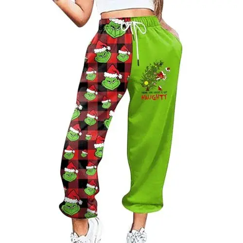 Produktbild: 𝑮𝒓𝒊𝒏𝒄𝒉 Flared Leggings Yoga Hose Weinachts Hose Weihnachtspyjama Familie Pyjama Hose für Damen Pyjama Winter Damen Hose mit Schlitz Weihnachtshosen Pärchen Karo Hosen Mädchen Damen Multi L